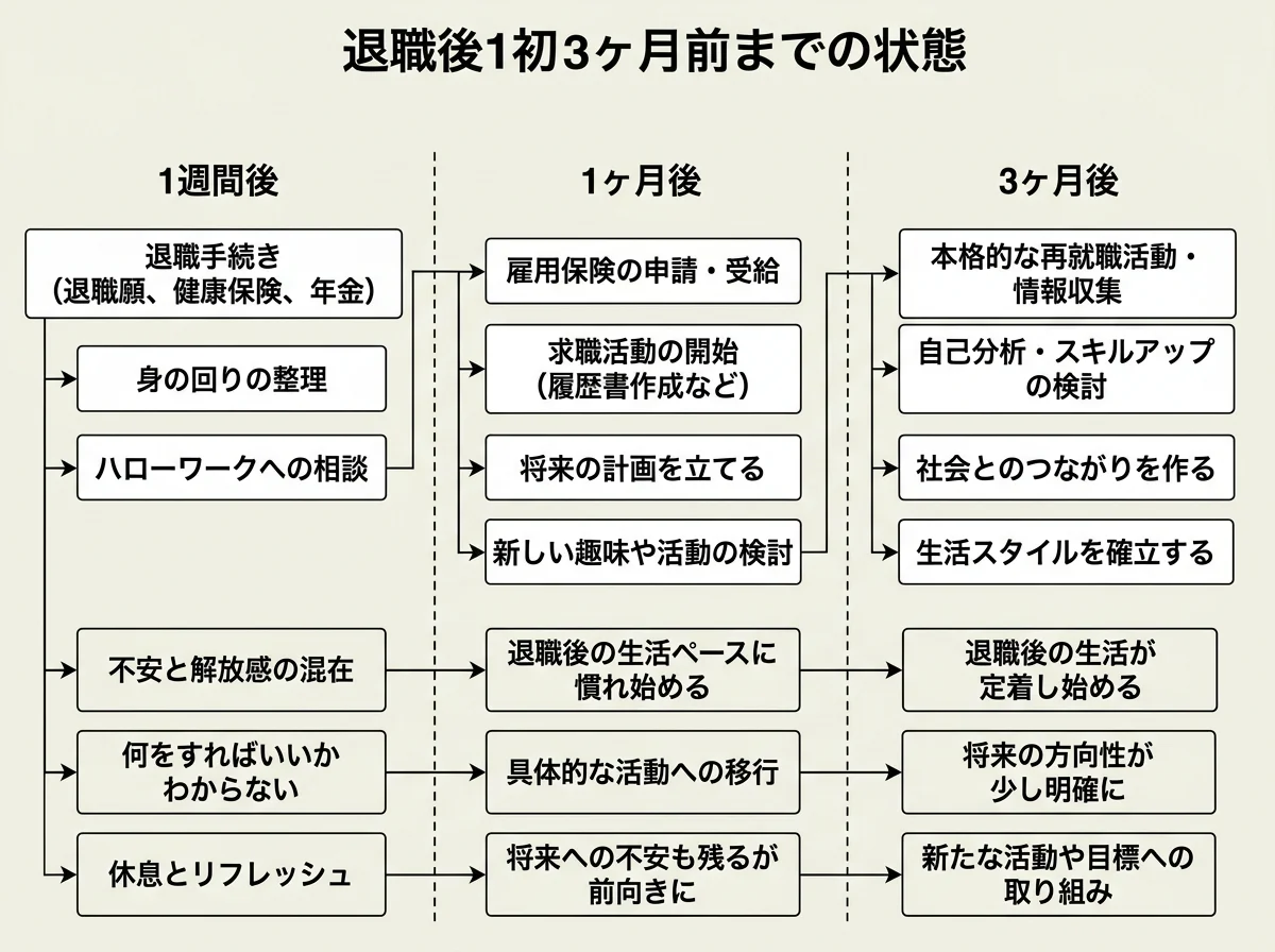 図解] 退職後の生活タイムライン（1週間→1ヶ月→3ヶ月）やることと状態の変化