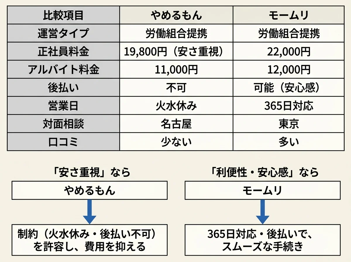 [比較図] やめるもん・モームリの料金と対応範囲の違い