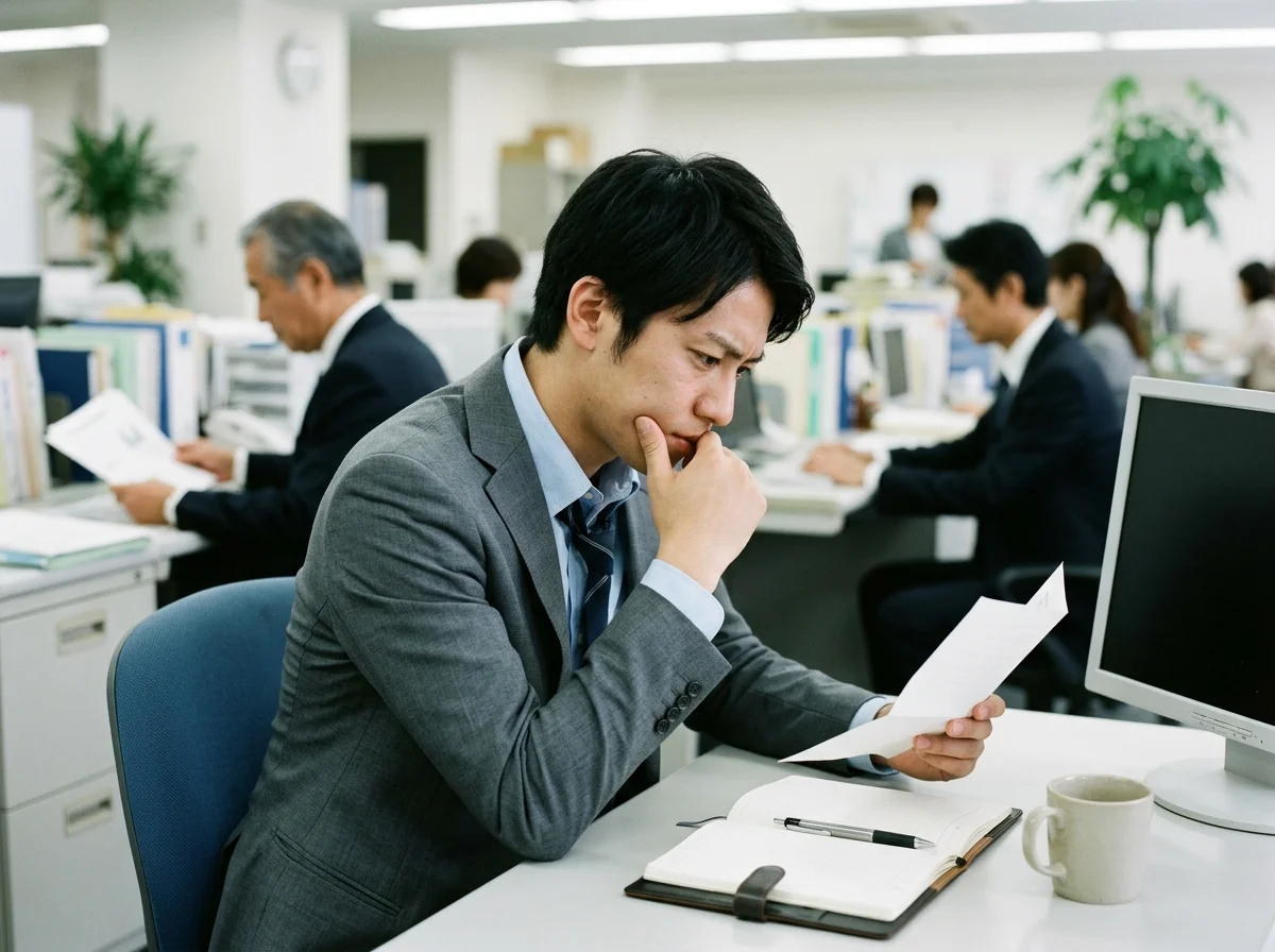 シーン] 上司に退職を切り出せず悩んでいる会社員のイメージ