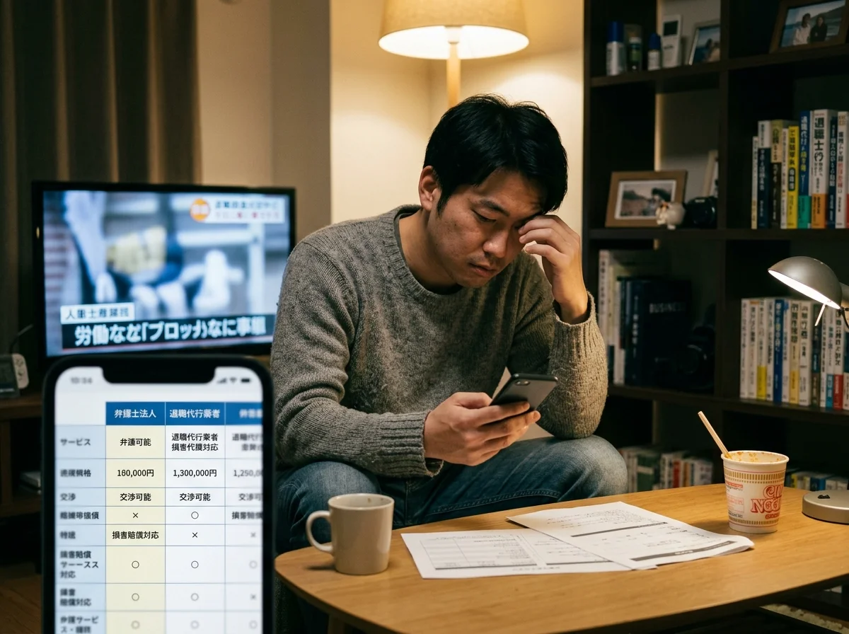 [シーン] 退職代行を検討している人がスマホで料金を比較している場面
