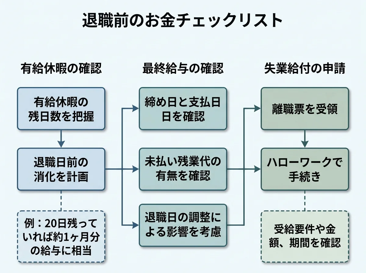 [図解] 退職前のお金チェックリスト（有給残日数→最終給与→失業給付の流れ）