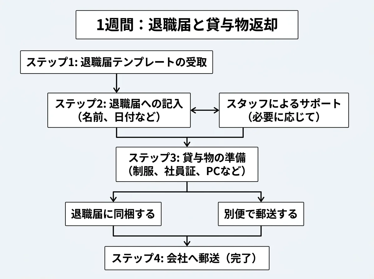 図解] 退職届の記入から郵送までの流れ（テンプレ受取→記入→貸与物と一緒に郵送）