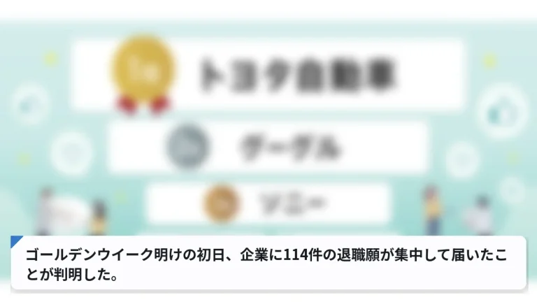 ゴールデンウイーク明けの初日、企業に114件の退職願が集中して届いたことが判明した。