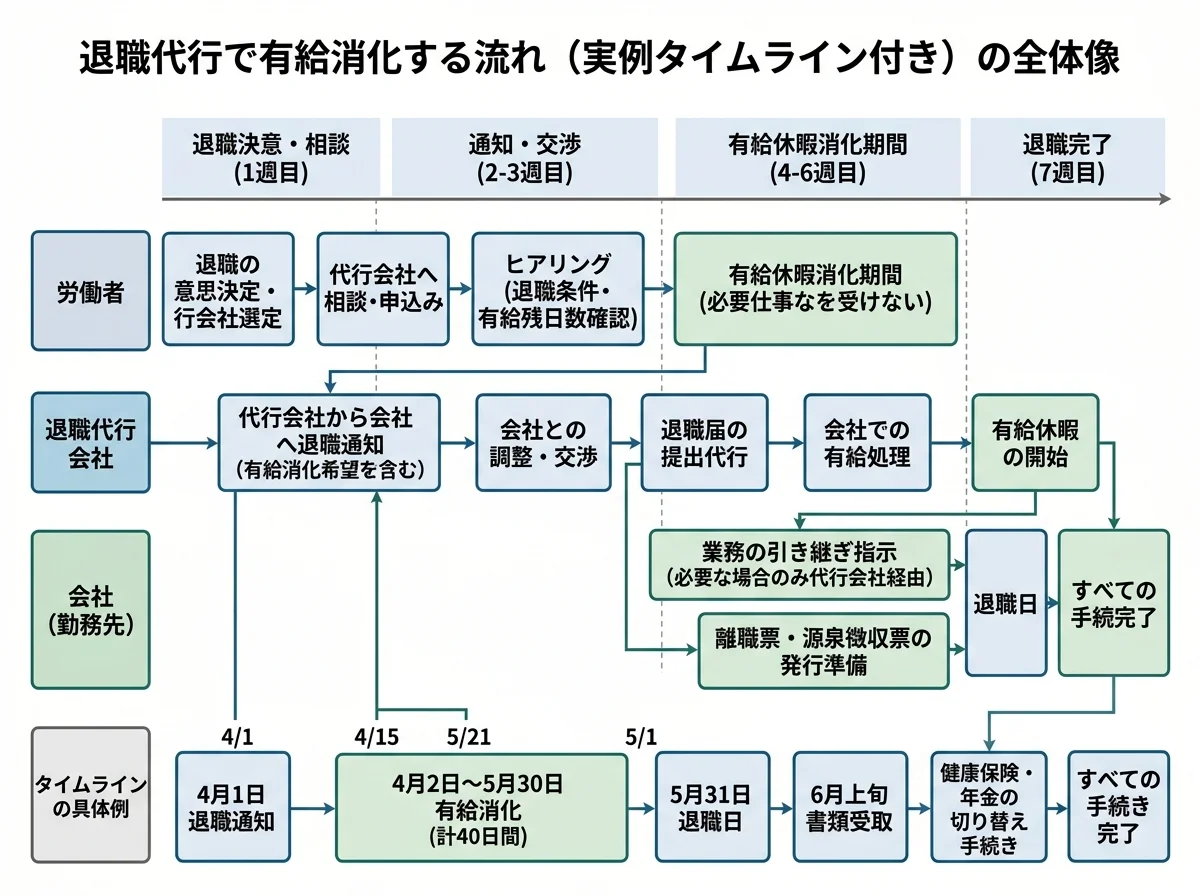 退職代行で有給消化する流れ(実例タイムライン付き)の全体像を示す構造図