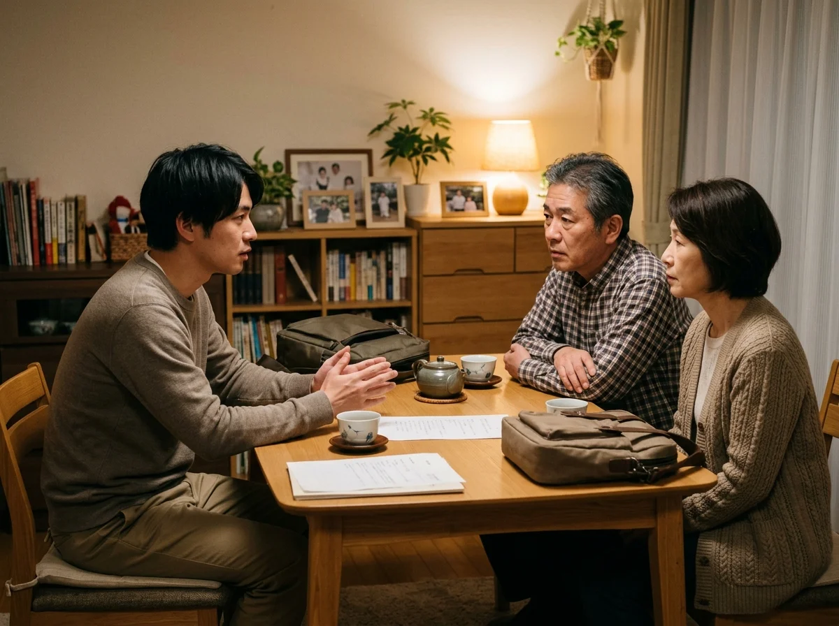 親に退職を事後報告する場面——「理由・今の状況・次のステップ」の3点セットを伝えるイメージ